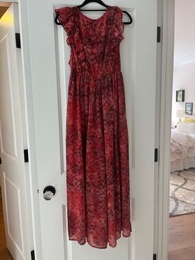 fab'rik Red Printed Ruffle Maxi Jumpsuit